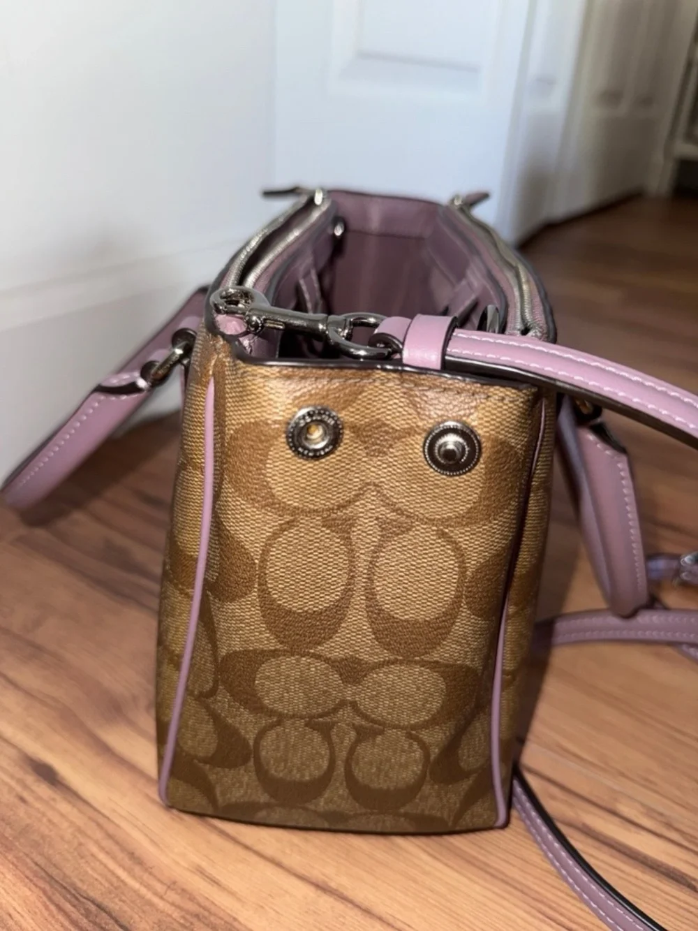 Coach mini Surrey carryall satchel in signature canvas monogram with lavender